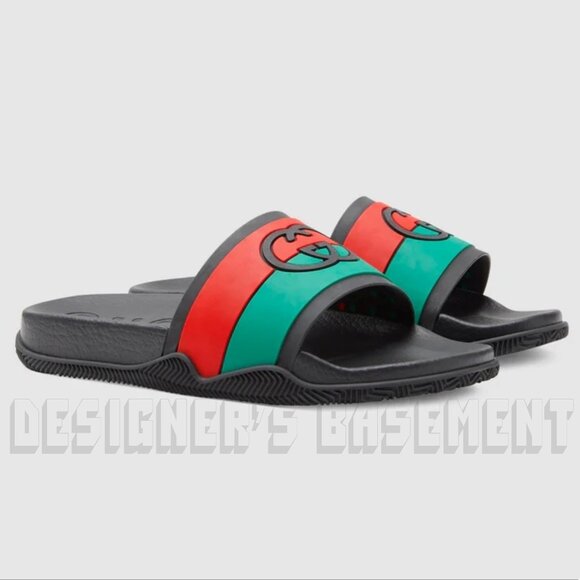 GUCCI men 10 Agrado INTERLOCKING G Logo Black Green Red rubber Slide sandals NIB - Picture 1 of 11